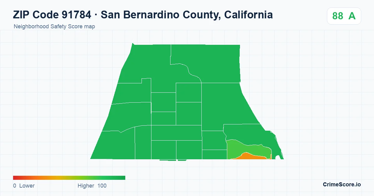 ZIP Code 91784 in San Bernardino County, California neighborhood Safety Score map