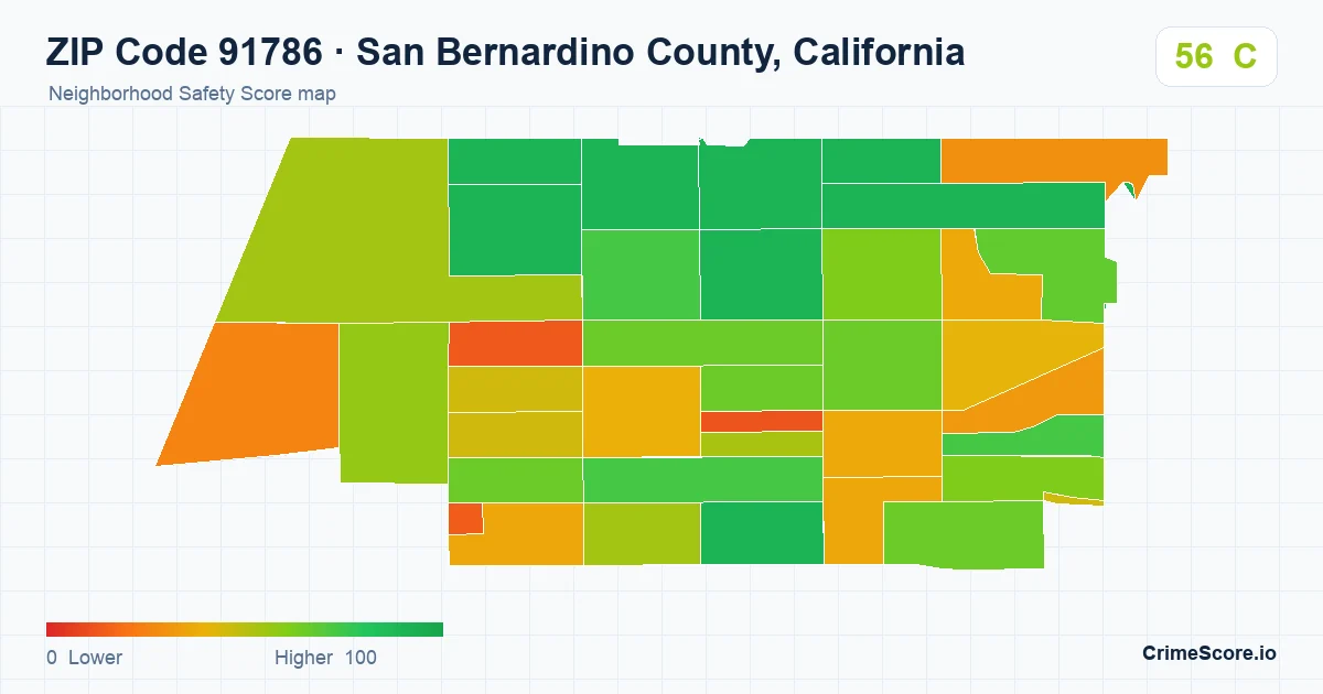 ZIP Code 91786 in San Bernardino County, California neighborhood Safety Score map