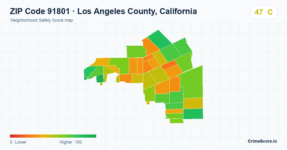 ZIP Code 91801 in Los Angeles County, California neighborhood Safety Score map