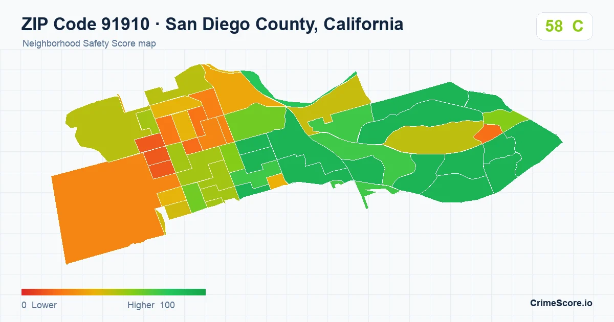 ZIP Code 91910 in San Diego County, California neighborhood Safety Score map