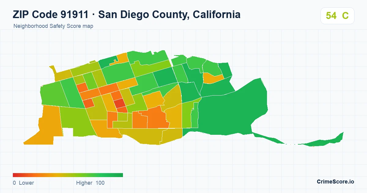 ZIP Code 91911 in San Diego County, California neighborhood Safety Score map