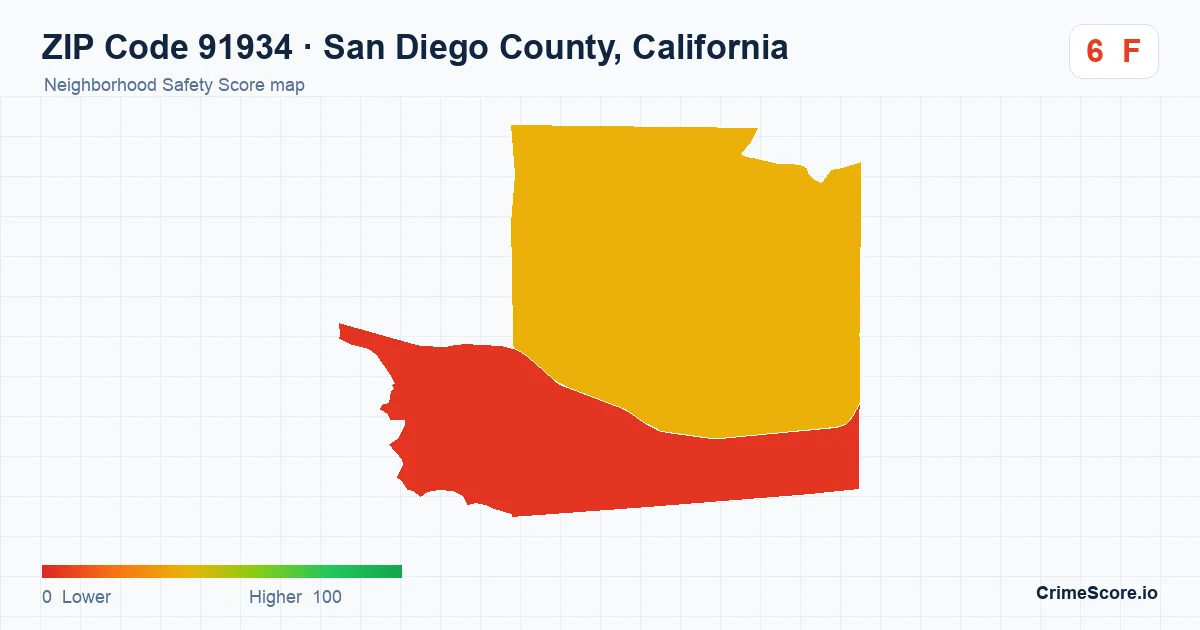 ZIP Code 91934 in San Diego County, California neighborhood Safety Score map