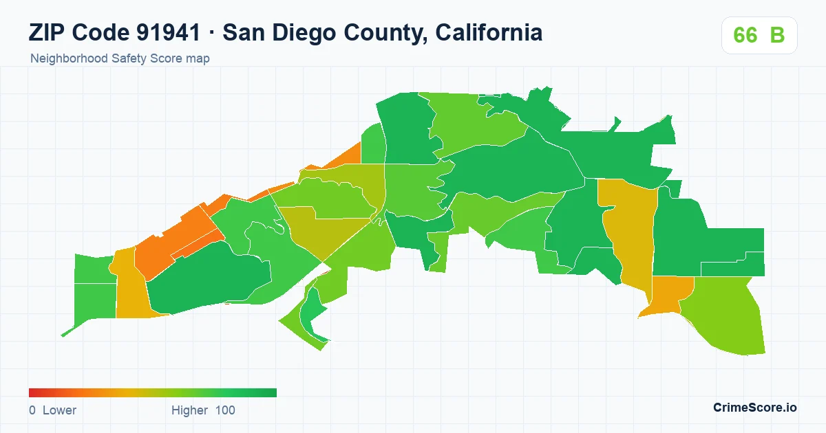 ZIP Code 91941 in San Diego County, California neighborhood Safety Score map