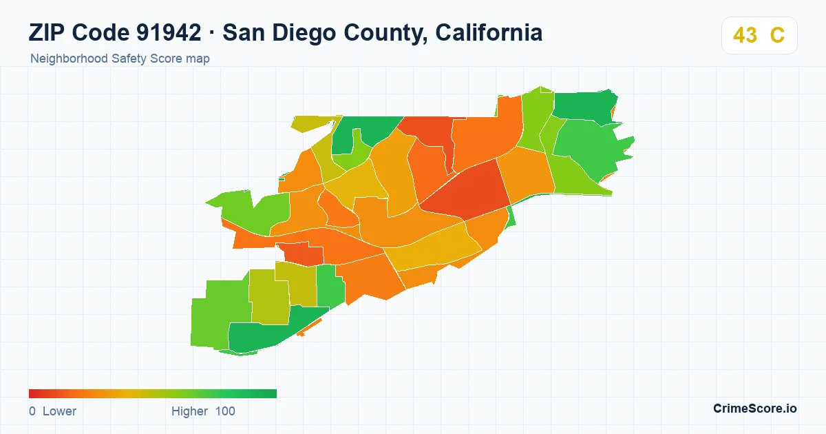 ZIP Code 91942 in San Diego County, California neighborhood Safety Score map