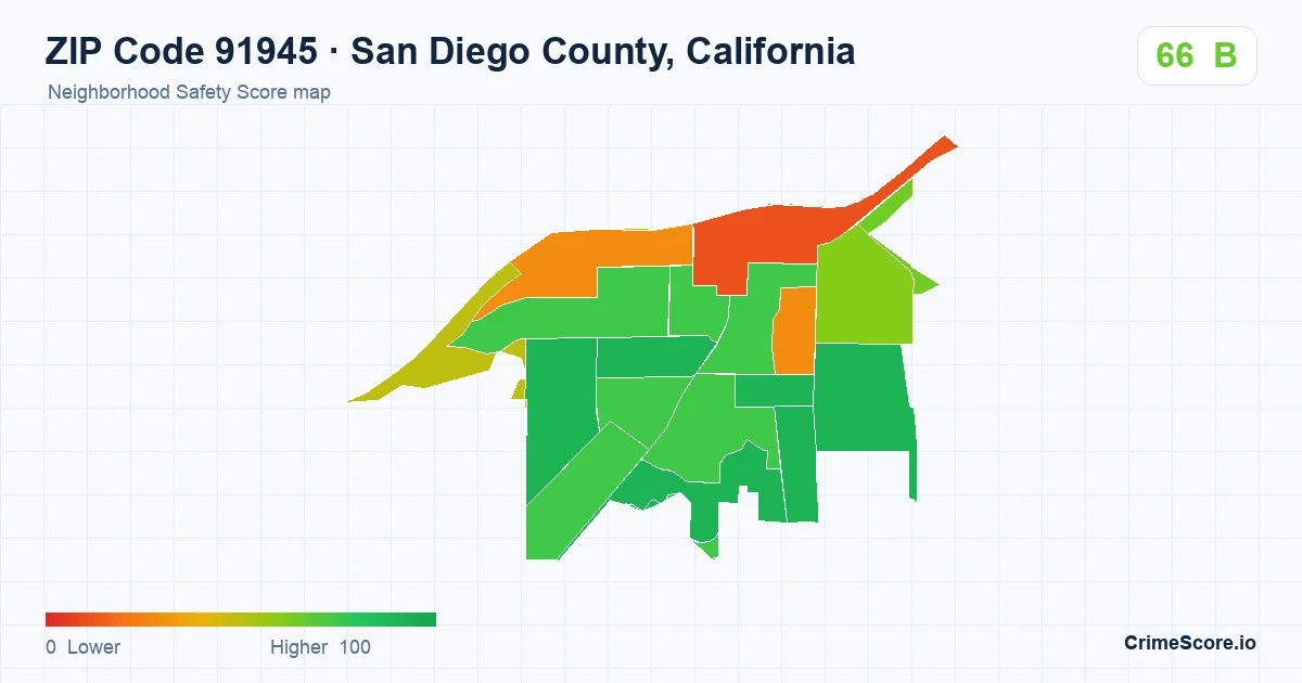 ZIP Code 91945 in San Diego County, California neighborhood Safety Score map