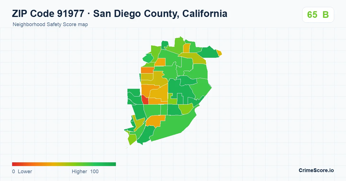 ZIP Code 91977 in San Diego County, California neighborhood Safety Score map