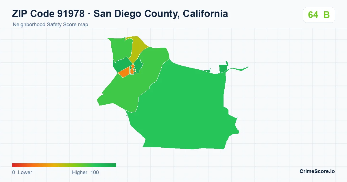 ZIP Code 91978 in San Diego County, California neighborhood Safety Score map