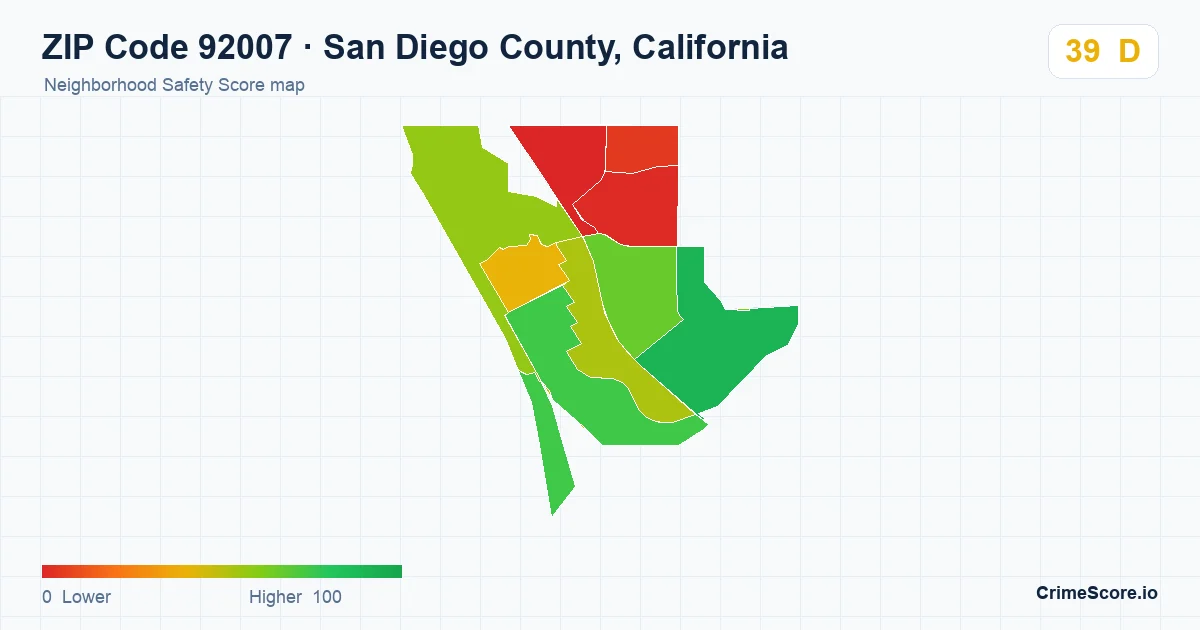 ZIP Code 92007 in San Diego County, California neighborhood Safety Score map