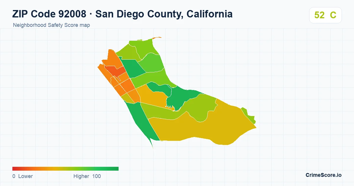 ZIP Code 92008 in San Diego County, California neighborhood Safety Score map