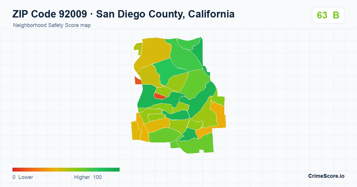 ZIP Code 92009 in San Diego County, California neighborhood Safety Score map