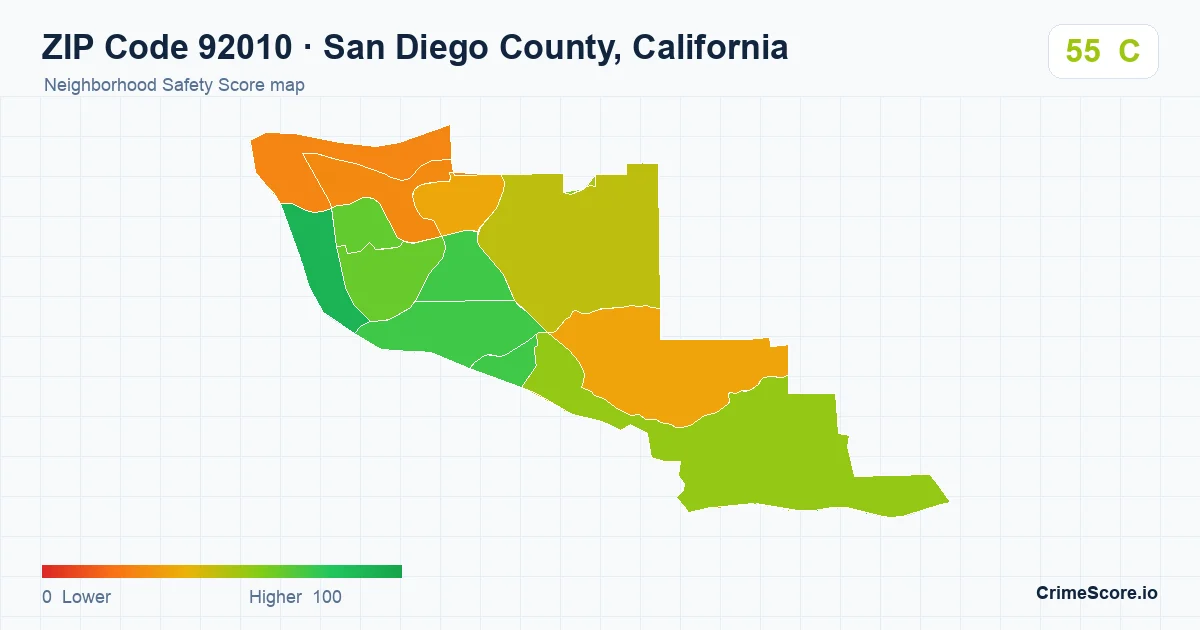 ZIP Code 92010 in San Diego County, California neighborhood Safety Score map