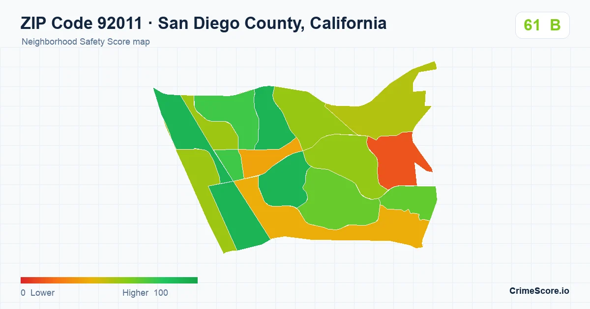 ZIP Code 92011 in San Diego County, California neighborhood Safety Score map
