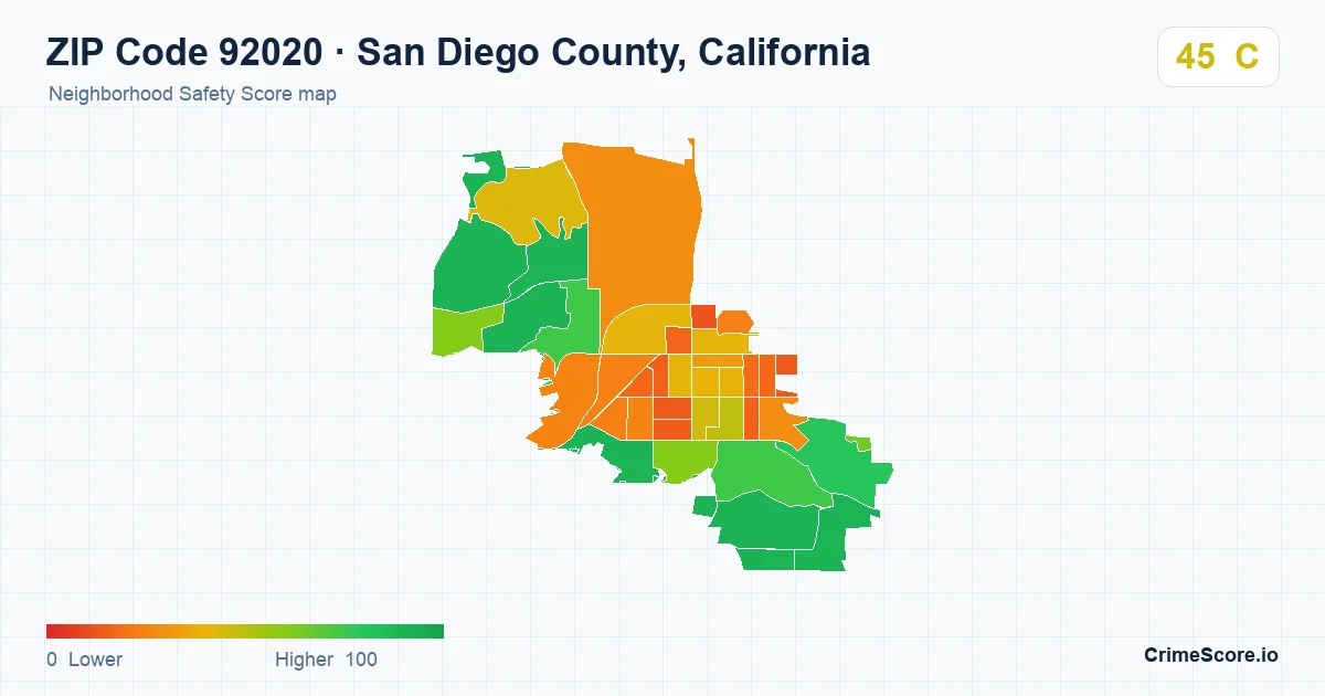 ZIP Code 92020 in San Diego County, California neighborhood Safety Score map