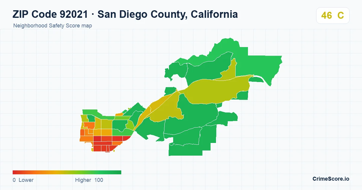 ZIP Code 92021 in San Diego County, California neighborhood Safety Score map