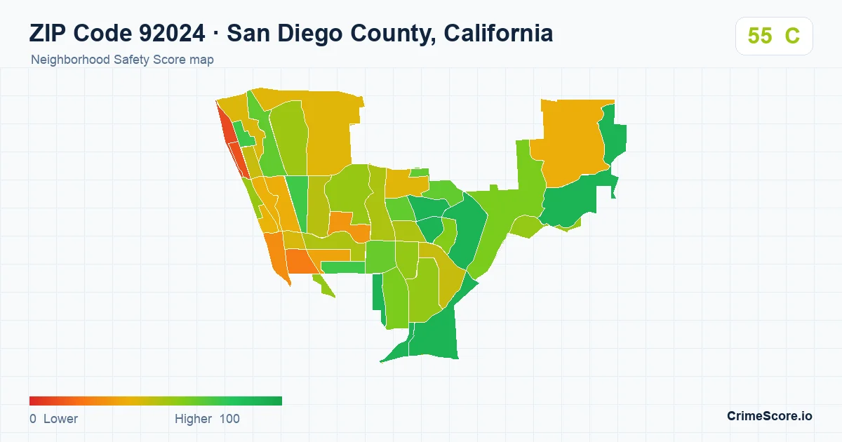 ZIP Code 92024 in San Diego County, California neighborhood Safety Score map