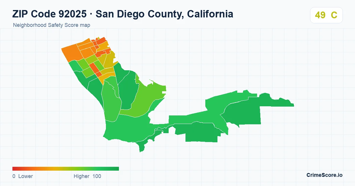 ZIP Code 92025 in San Diego County, California neighborhood Safety Score map