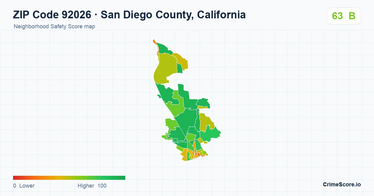ZIP Code 92026 in San Diego County, California neighborhood Safety Score map