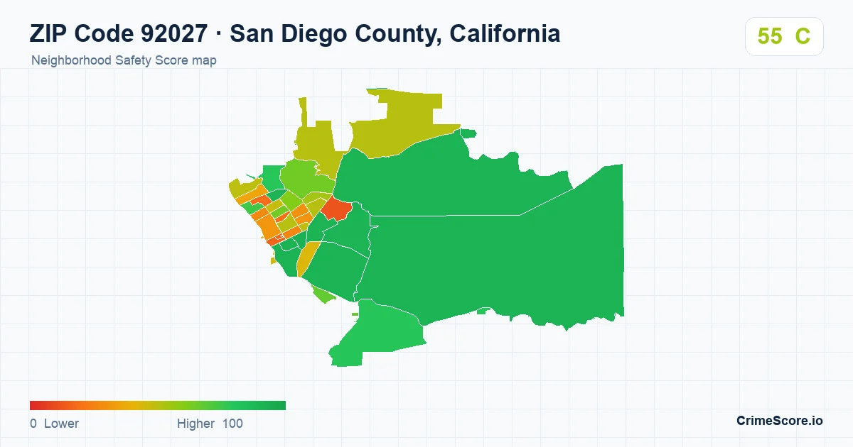 ZIP Code 92027 in San Diego County, California neighborhood Safety Score map