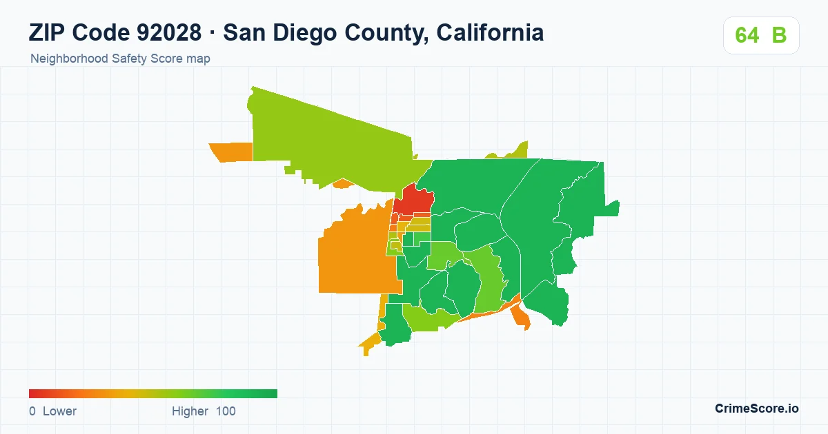 ZIP Code 92028 in San Diego County, California neighborhood Safety Score map
