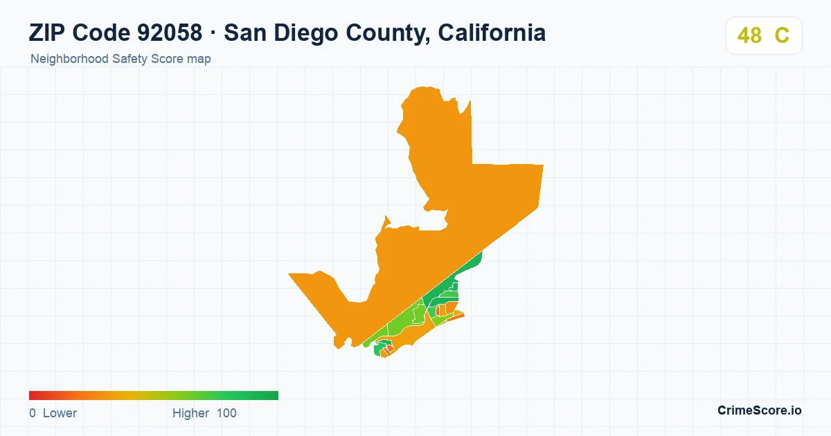 ZIP Code 92058 in San Diego County, California neighborhood Safety Score map