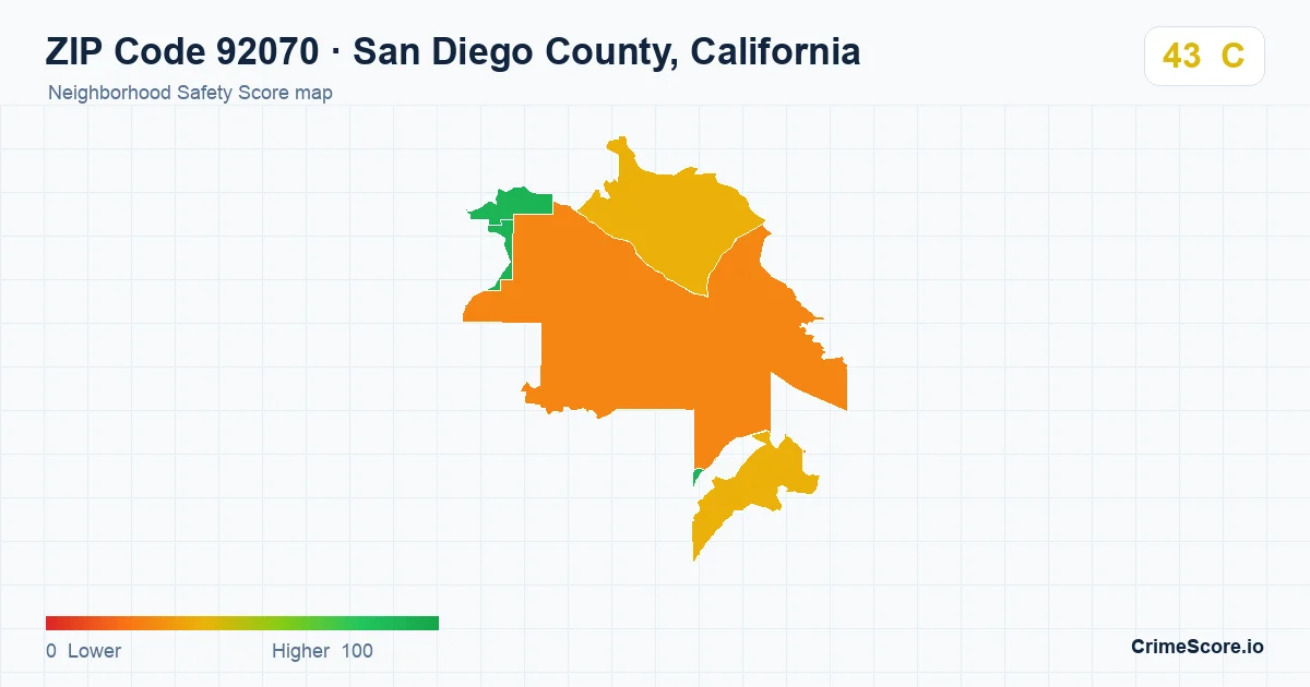 ZIP Code 92070 in San Diego County, California neighborhood Safety Score map