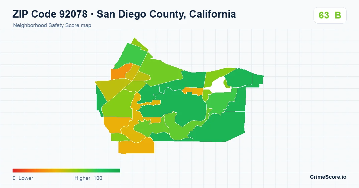 ZIP Code 92078 in San Diego County, California neighborhood Safety Score map