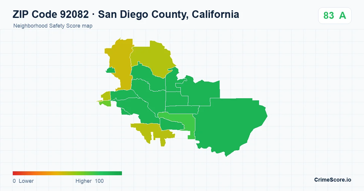 ZIP Code 92082 in San Diego County, California neighborhood Safety Score map