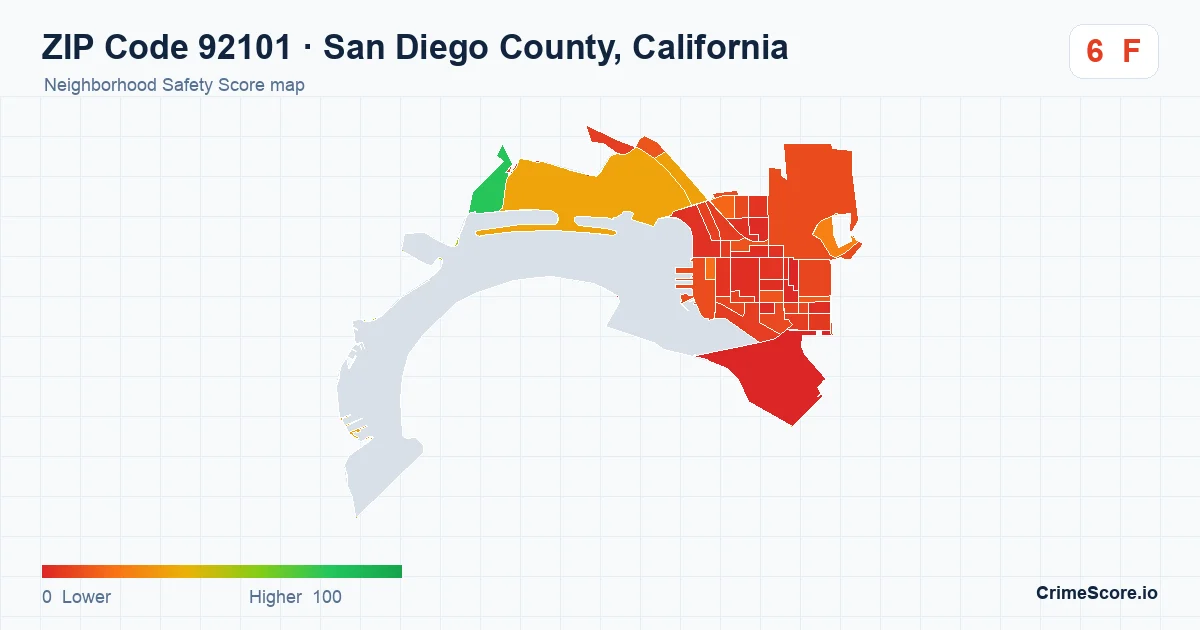 ZIP Code 92101 in San Diego County, California neighborhood Safety Score map