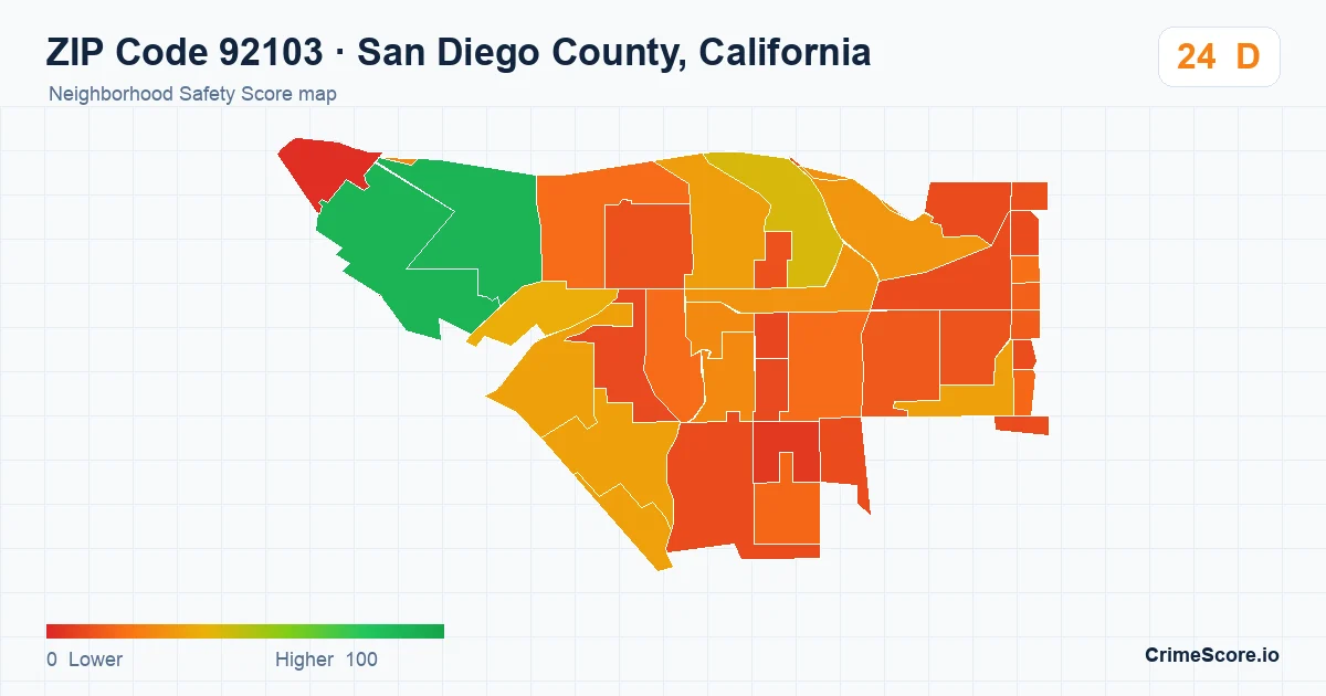 ZIP Code 92103 in San Diego County, California neighborhood Safety Score map