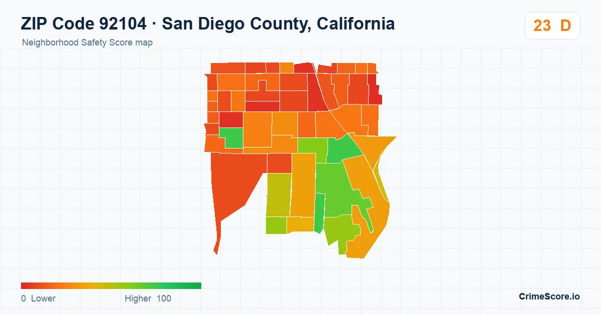 ZIP Code 92104 in San Diego County, California neighborhood Safety Score map