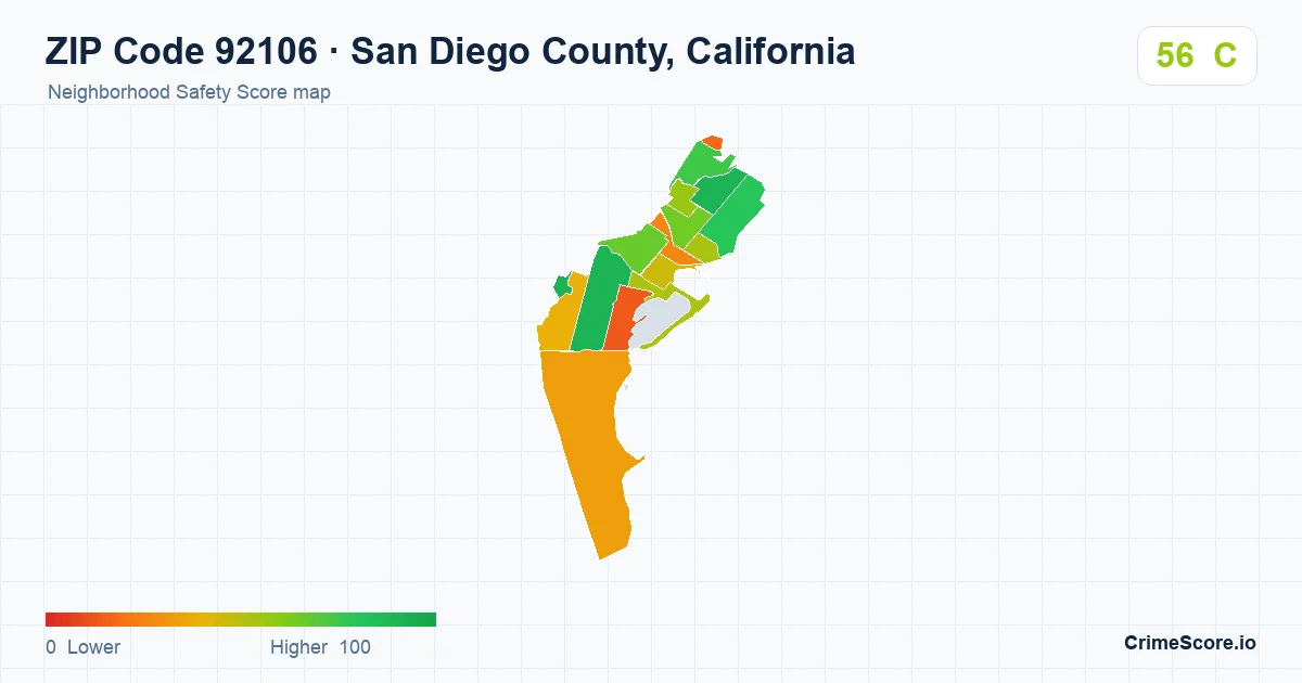 ZIP Code 92106 in San Diego County, California neighborhood Safety Score map
