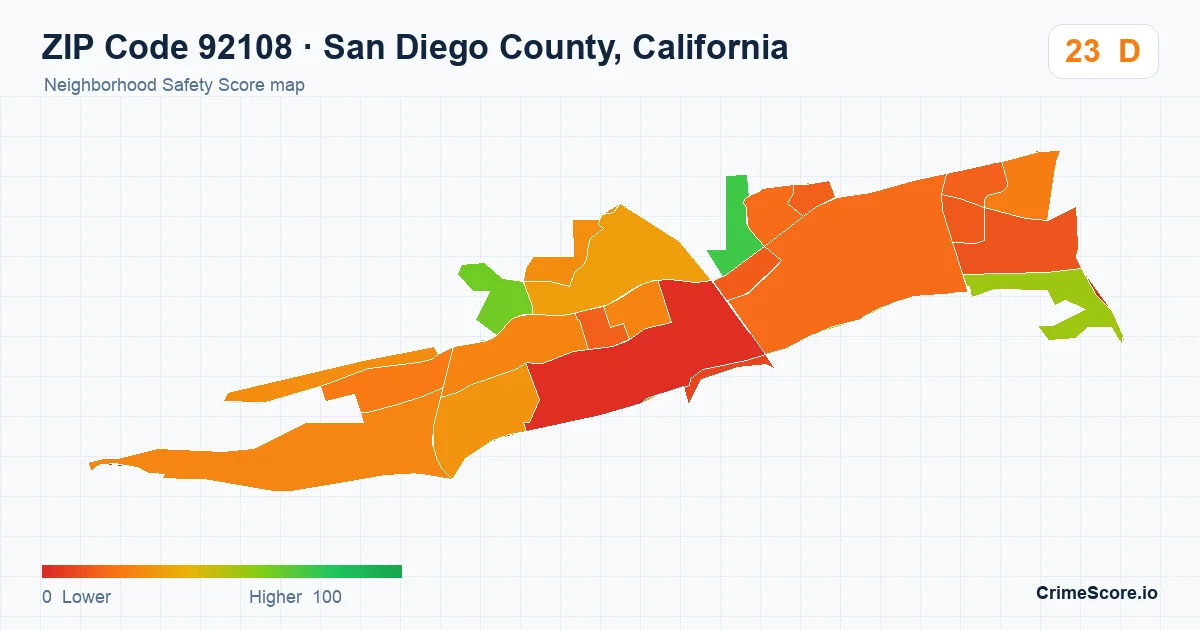 ZIP Code 92108 in San Diego County, California neighborhood Safety Score map
