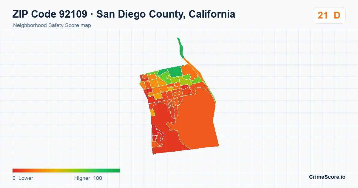 ZIP Code 92109 in San Diego County, California neighborhood Safety Score map