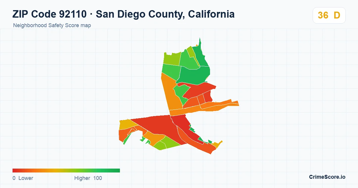 ZIP Code 92110 in San Diego County, California neighborhood Safety Score map