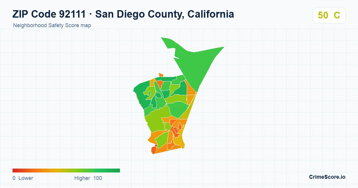 ZIP Code 92111 in San Diego County, California neighborhood Safety Score map