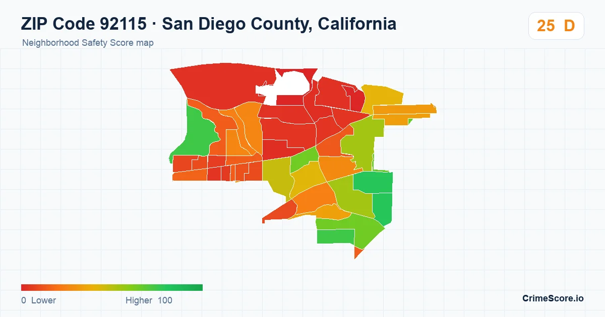 ZIP Code 92115 in San Diego County, California neighborhood Safety Score map