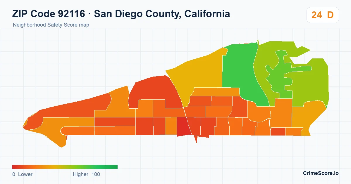 ZIP Code 92116 in San Diego County, California neighborhood Safety Score map