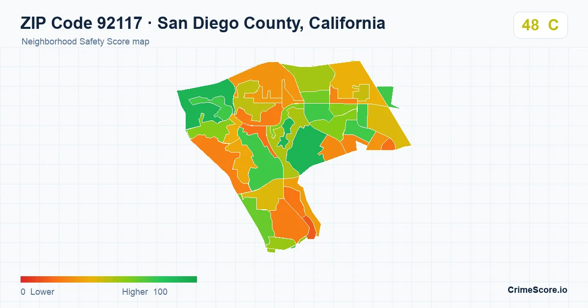 ZIP Code 92117 in San Diego County, California neighborhood Safety Score map