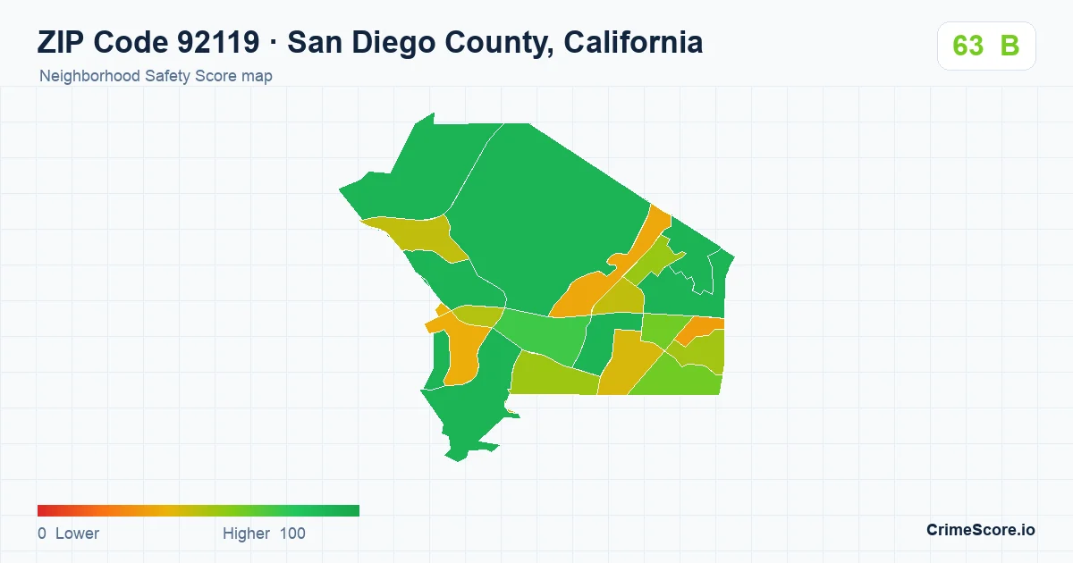 ZIP Code 92119 in San Diego County, California neighborhood Safety Score map