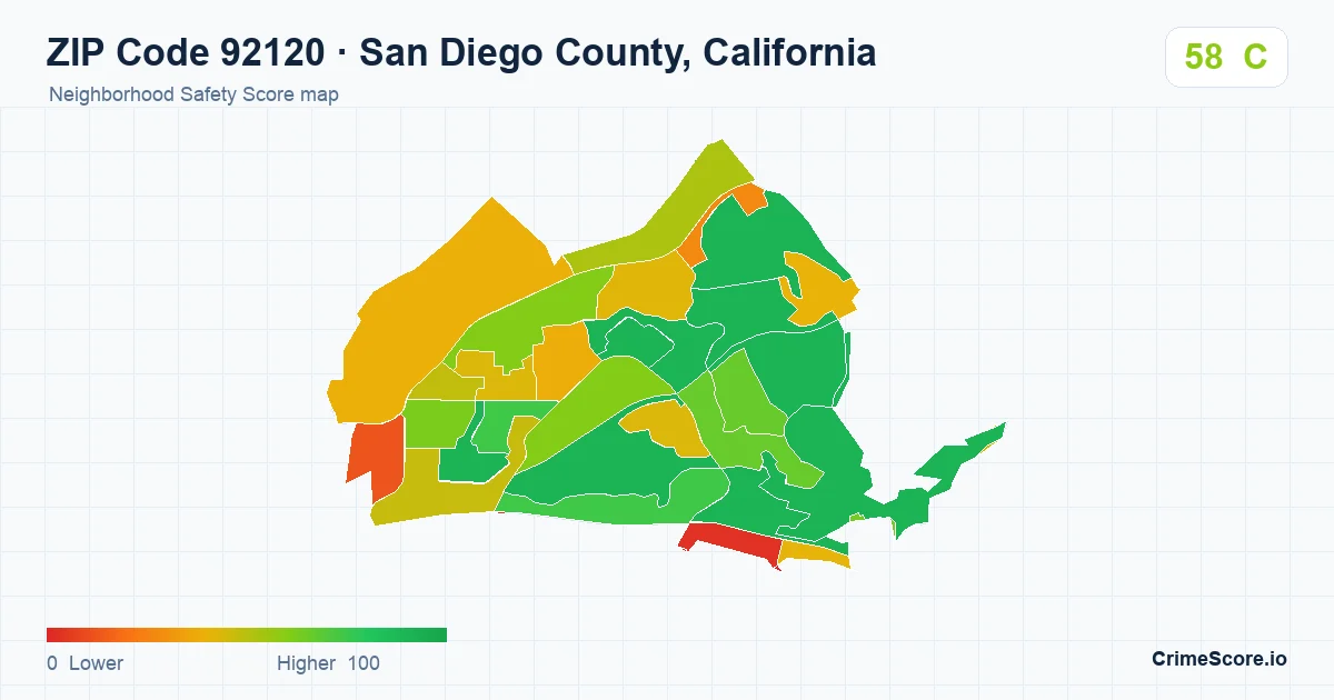 ZIP Code 92120 in San Diego County, California neighborhood Safety Score map