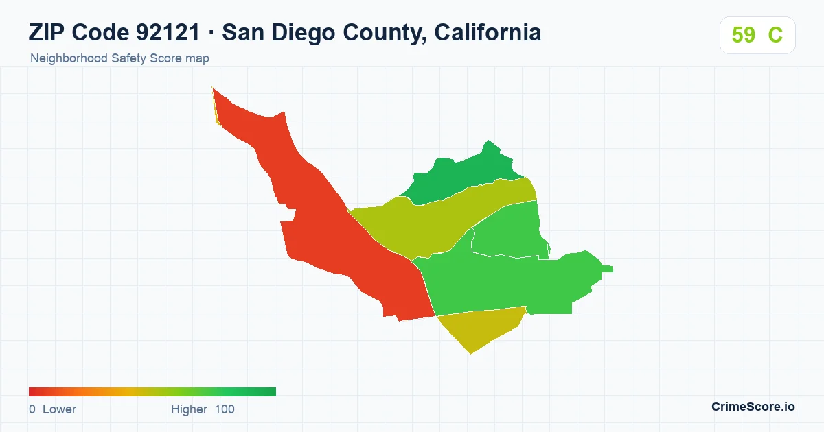 ZIP Code 92121 in San Diego County, California neighborhood Safety Score map