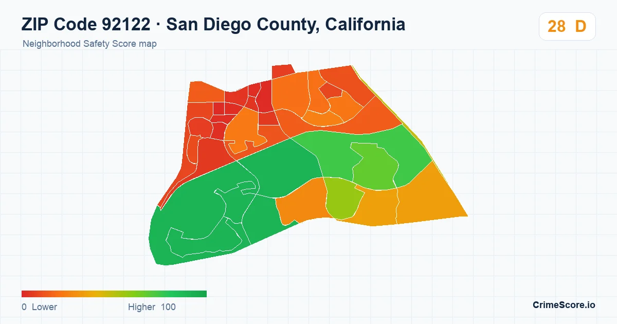 ZIP Code 92122 in San Diego County, California neighborhood Safety Score map