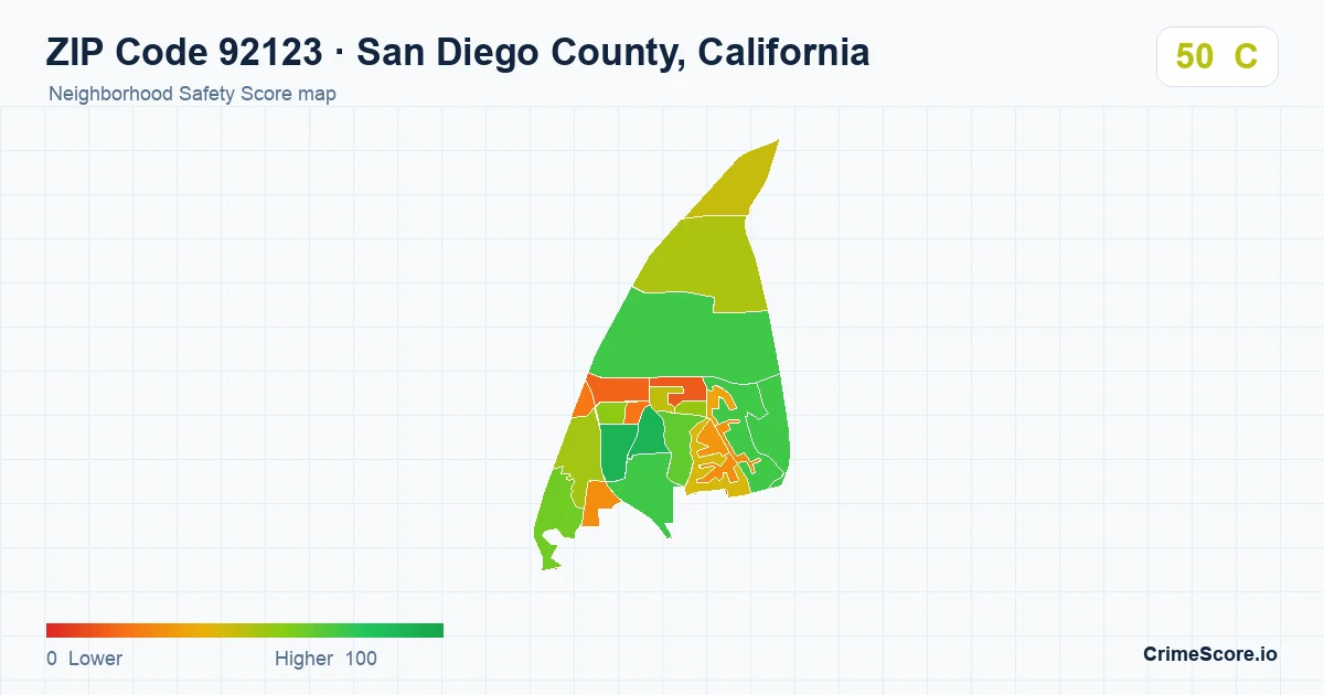 ZIP Code 92123 in San Diego County, California neighborhood Safety Score map