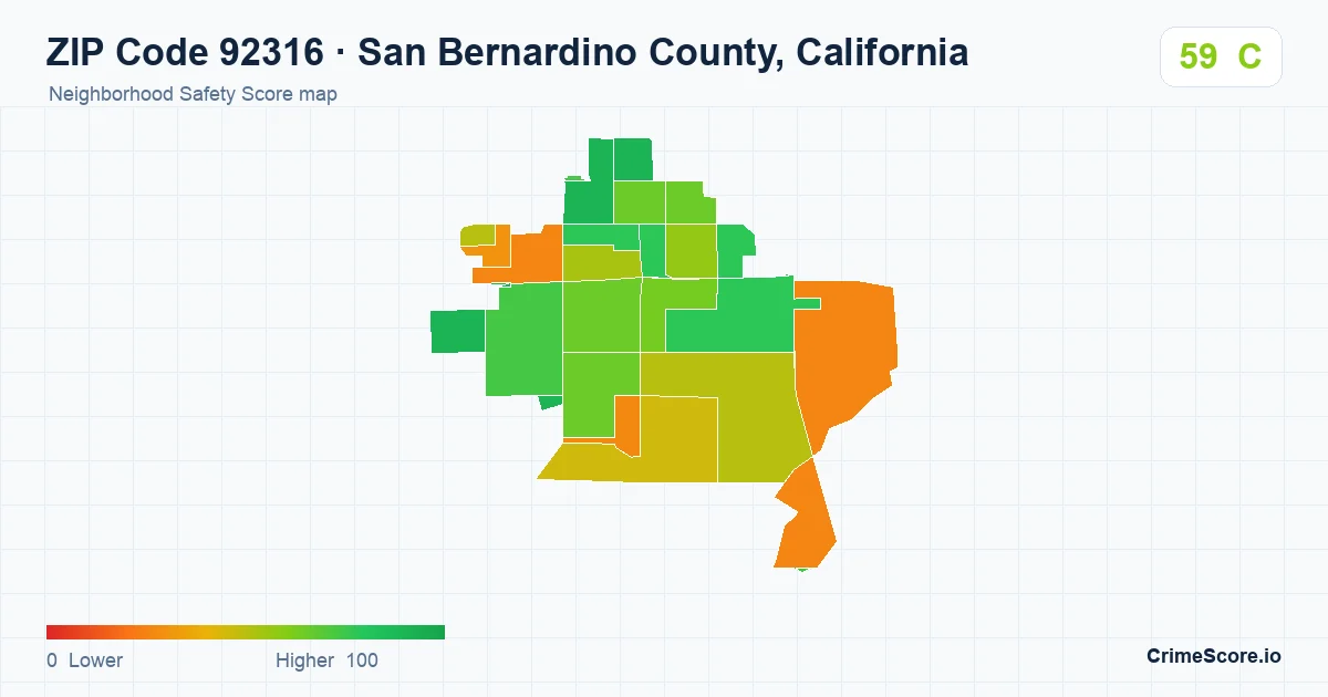 ZIP Code 92316 in San Bernardino County, California neighborhood Safety Score map
