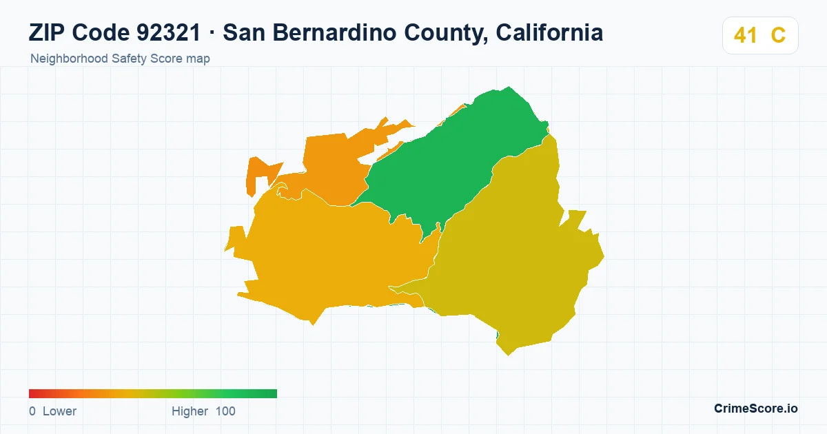 ZIP Code 92321 in San Bernardino County, California neighborhood Safety Score map