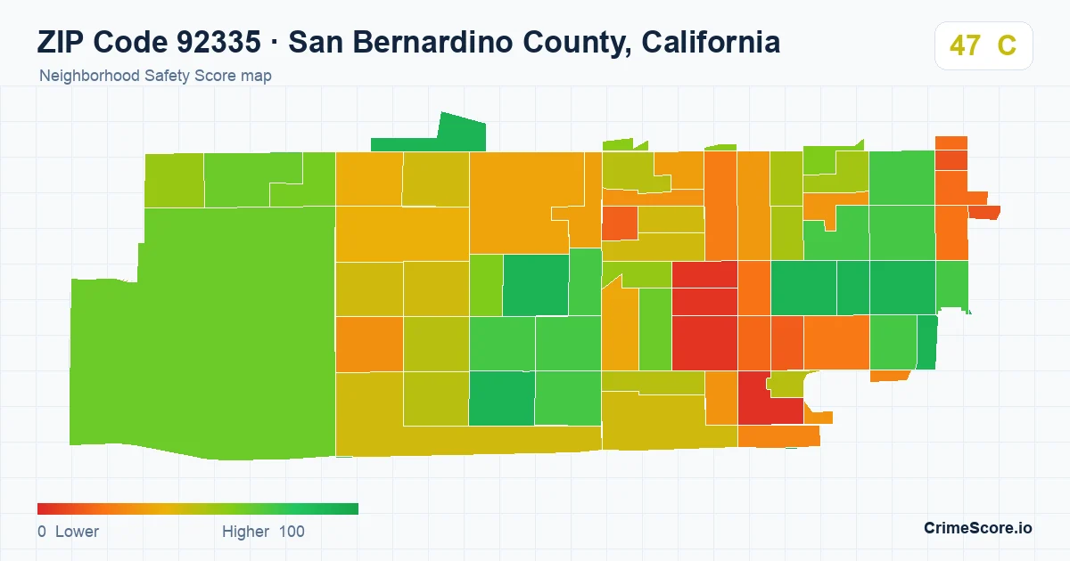 ZIP Code 92335 in San Bernardino County, California neighborhood Safety Score map