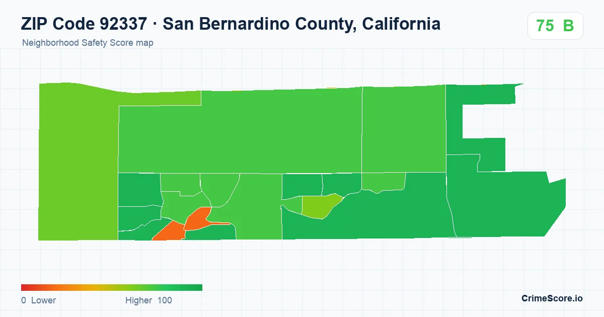 ZIP Code 92337 in San Bernardino County, California neighborhood Safety Score map