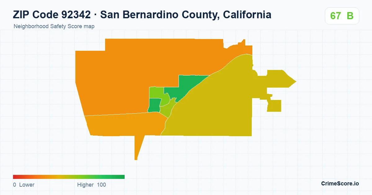 ZIP Code 92342 in San Bernardino County, California neighborhood Safety Score map