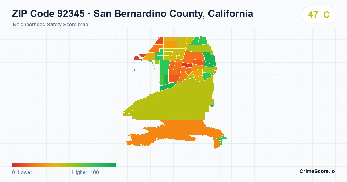 ZIP Code 92345 in San Bernardino County, California neighborhood Safety Score map
