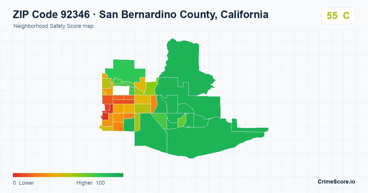 ZIP Code 92346 in San Bernardino County, California neighborhood Safety Score map